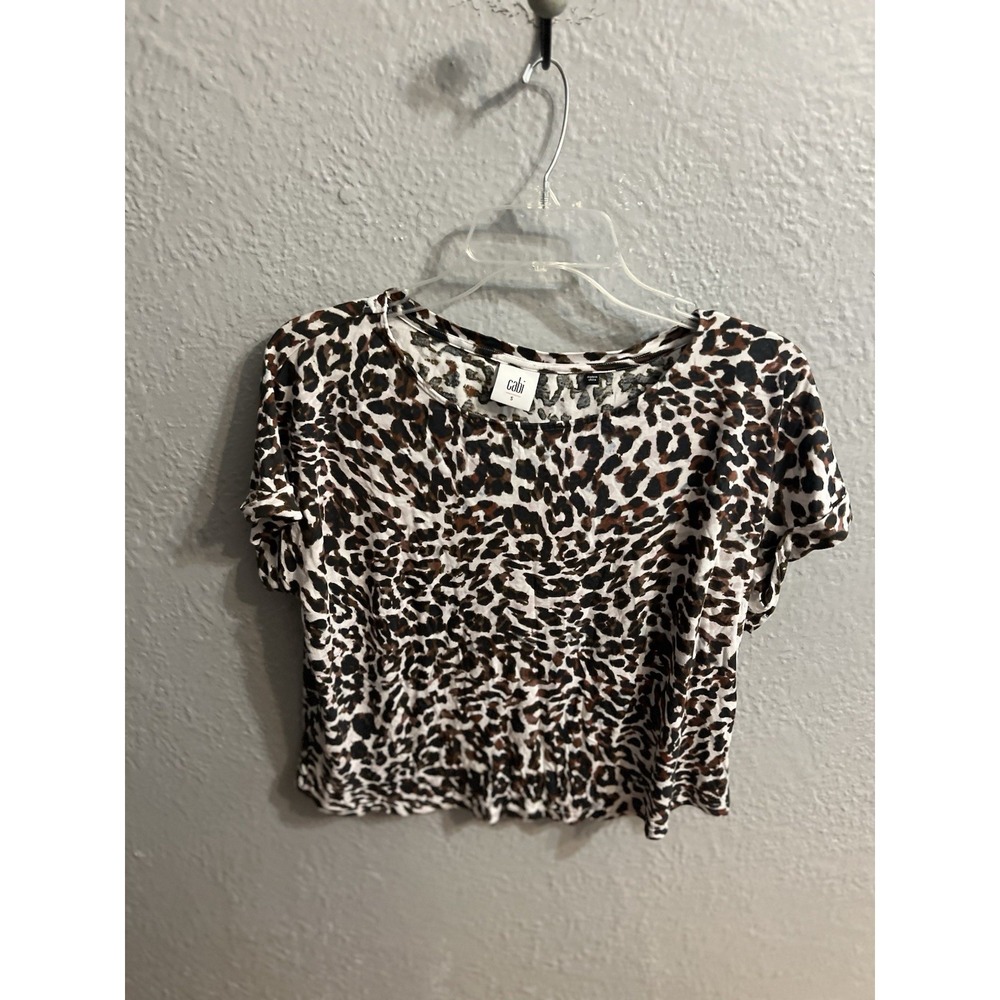 Cabi Womens Crop Top Ivory Black Leopard Print Short Sleeve Size‎ Small